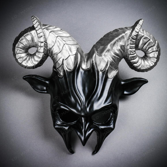 Krampus Ram Demon with Horns Devil Halloween Mask - Black Silver - Picture 1 of 6